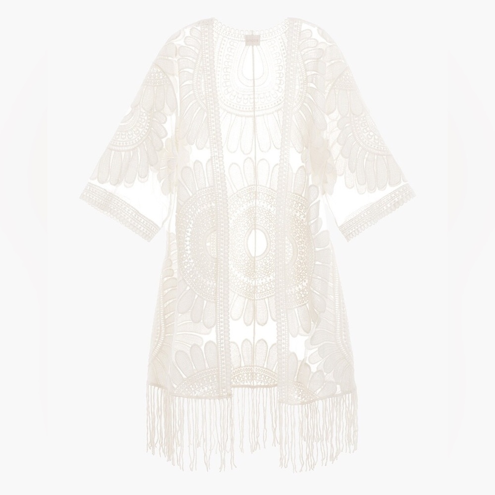 Chicos s/m lace floral jacket kimono topper cream fringe boho